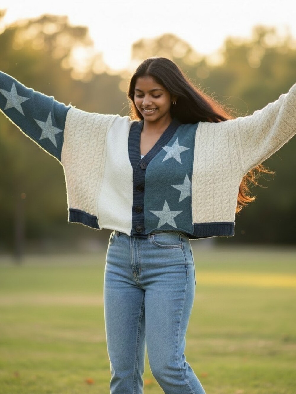 NWOT 2023 POL Clothing Star Patchwork Colorblock Cardigan FST90A Forest Navy - M